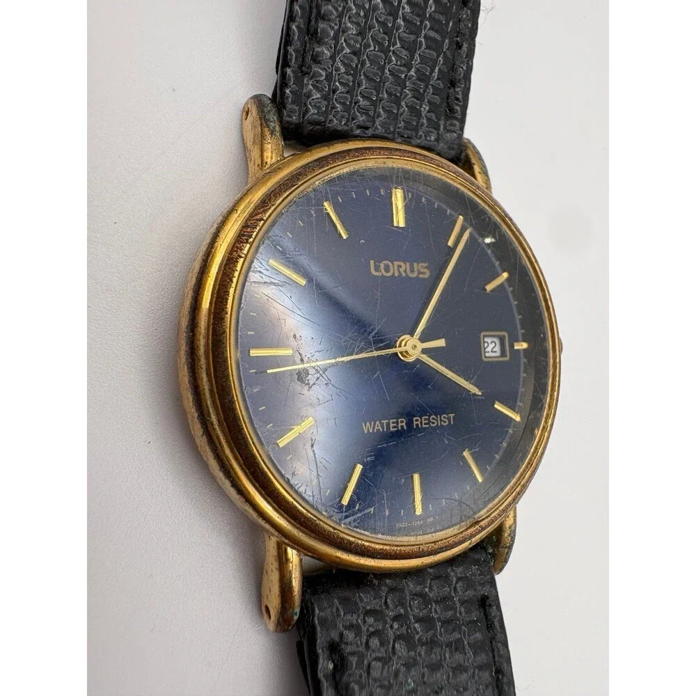 Lorus Men's Watch Blue Dial Date Gold-Tone Case Black Leather Strap VX32-X193